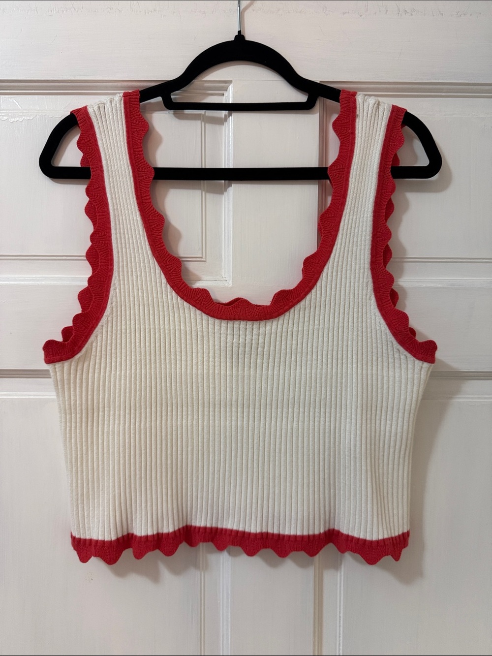 Maeve Cream Ribbed Crop Tank with Red Scalloped Trim